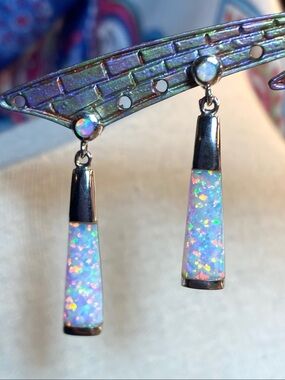 Vintage 925 Sterling Silver Opal Inlay Dangle Earrings 3cm